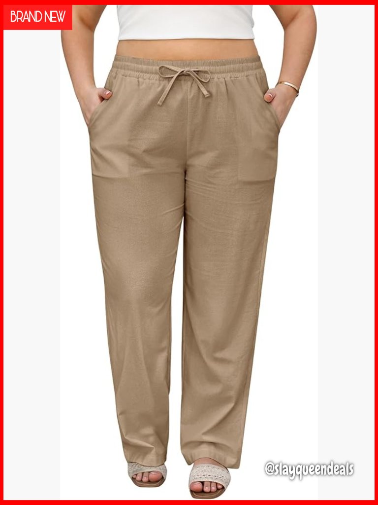 Plus Size Linen Wide Leg Pants Drawstring Waist Breathable Cotton Blend